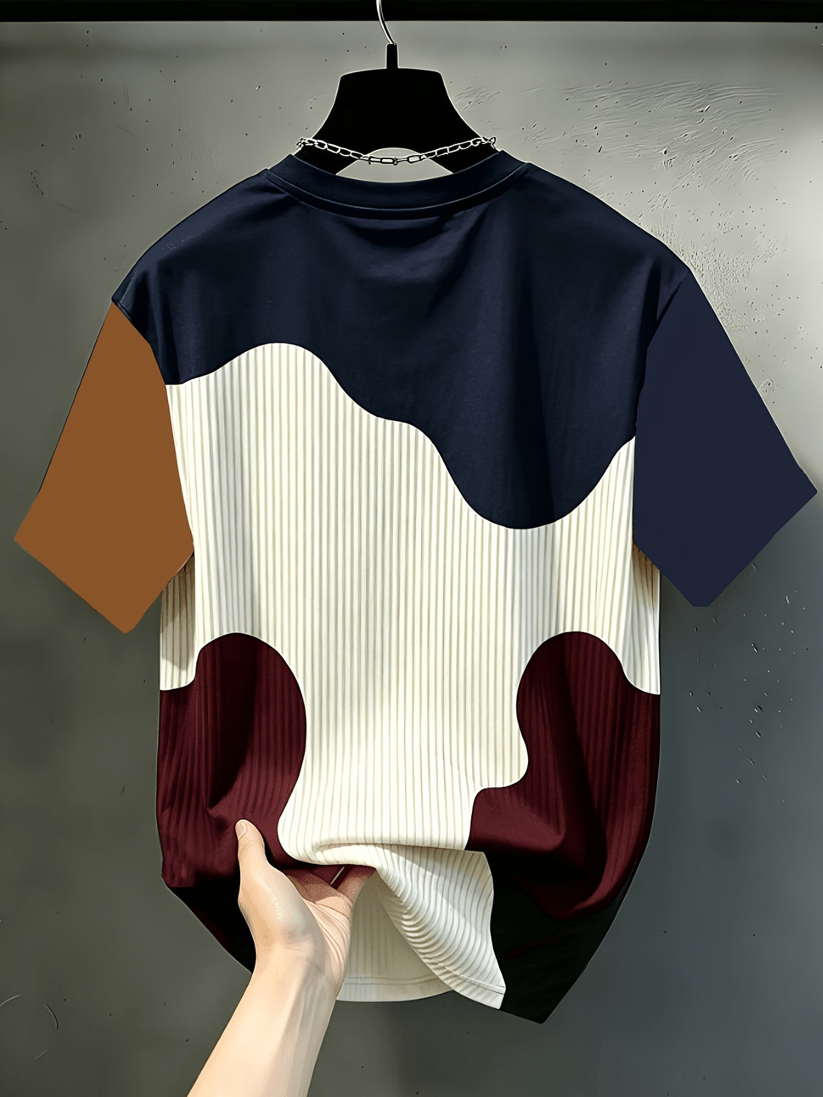 Men'S Print Design Textureless Casual Round Neck T-Shirt, Geometric Pattern Patchwork Striped Design, Chicago Word Pattern, Drapey Fashion Top, All-Season Wear, Breathable Regular Fit for Casual And Formal Outfits - Round Neck Casual Top - Mixed Color 2
