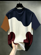 Print Design Textureless Men's Casual Round Neck T-Shirt, Geometric Pattern Patchwork Striped Design, Chicago Word Pattern, Drapey Fashion Top, All-Season Wear, Breathable Regular Fit for Casual And Formal Outfits - Round Neck Casual Top - Mixed Color 2
