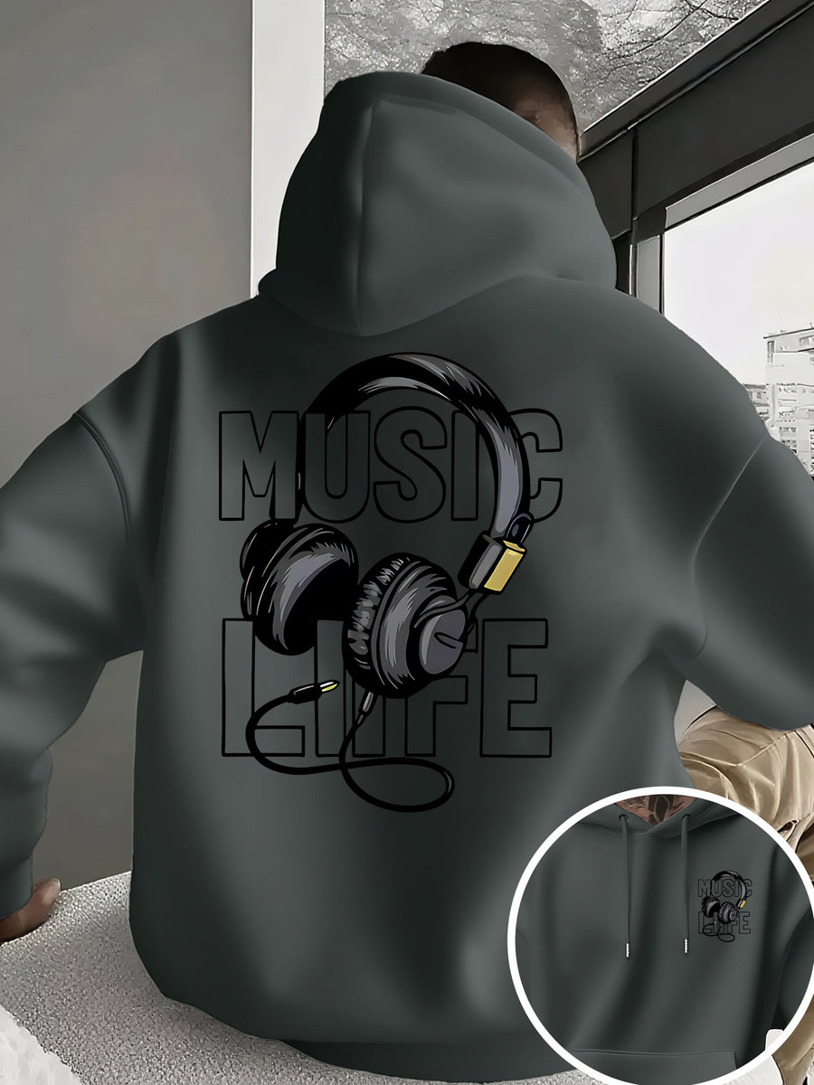 Men's New Trendy Hoodie, Casual Daily Drawstring Hooded Sweatshirt with MUSIC Print, Headphones, Front Kangaroo Pocket, Men's Top - Grey