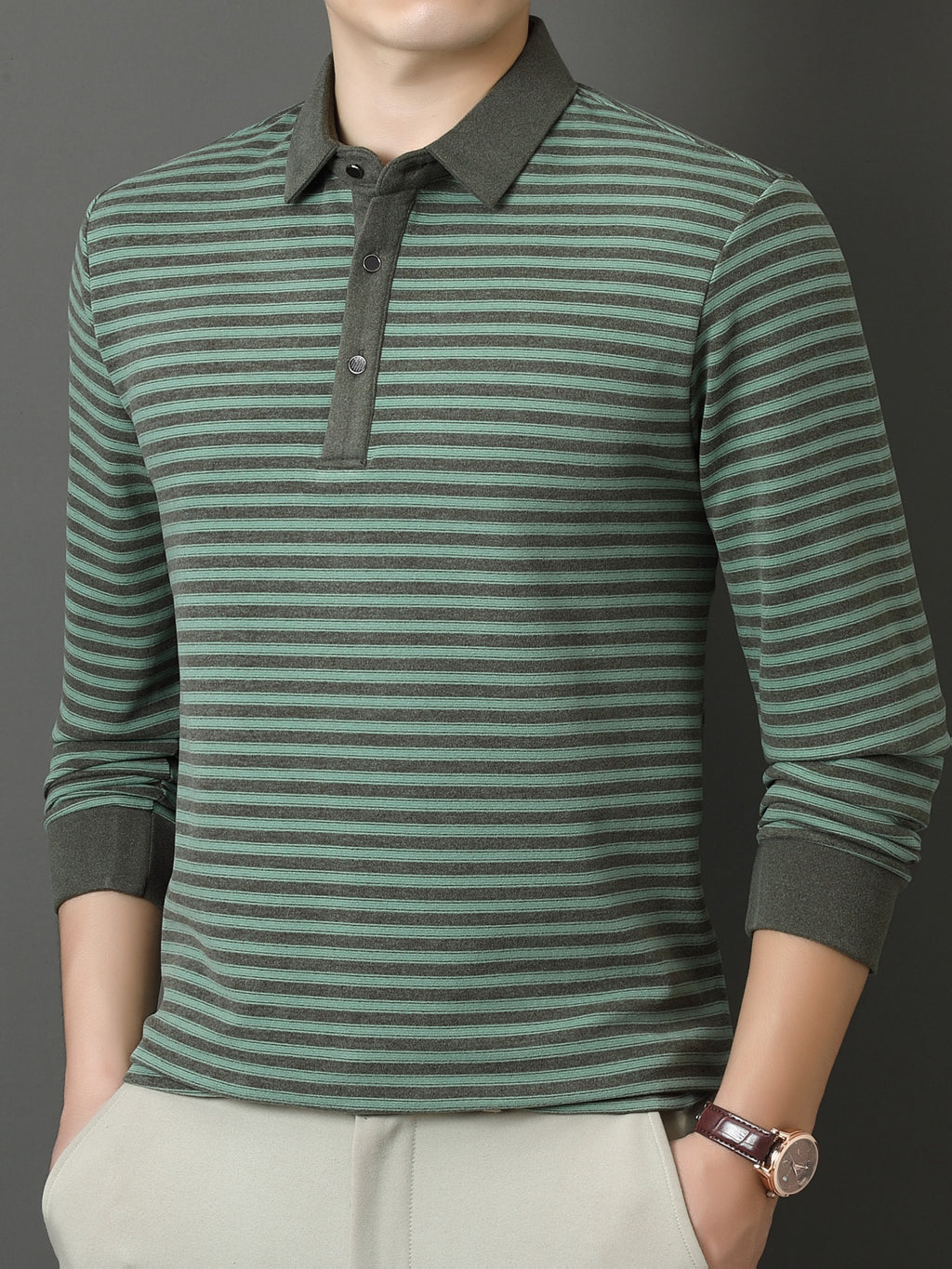 Men's Autumn/Winter Long-Sleeve Polo Shirt, Warm, Classic Striped, Simple and Elegant, Breathable, for Outdoor Wear, Skin-Friendly, with Lapel, Versatile, Ideal for Commuting and Business - Green