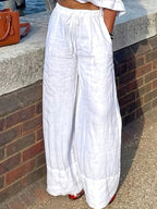 YT Women's Elegant Collection Relaxed Fit Drawstring Waist Pants - Lightweight Breathable Fabric, Solid Color Spring/Summer Casual Lounge Pants for Casual Attire, Summer Clothing, Quality Textile Craftsmanship, Flowing Fabric Trousers - White