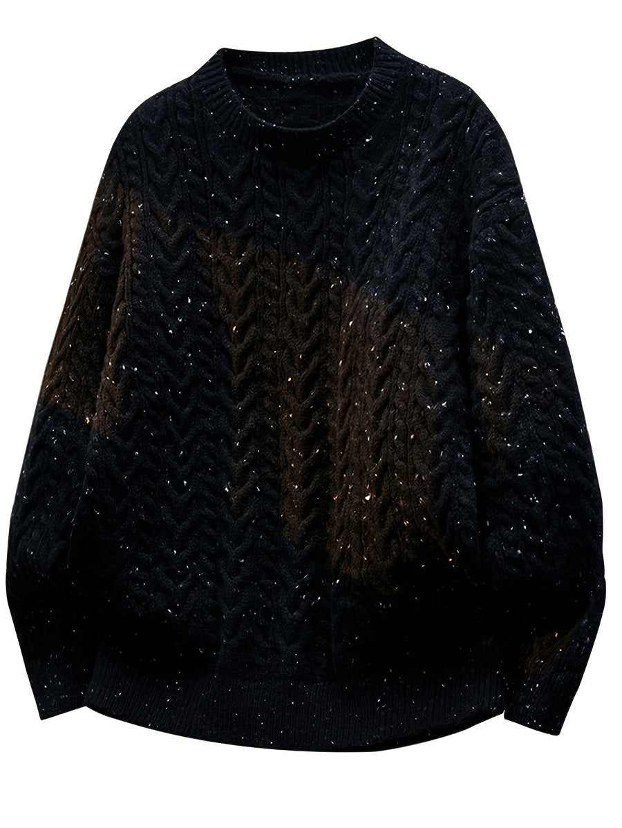 Men'S American Retro Heavyweight Cable Knit Sweater, Men'S Thick Casual Round Neck Pullover, Autumn Winter Loose Oversized Inner Outerwear Top - SINBOS - Black