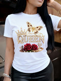 QUEEN Women's Queen Crown & Butterfly Rose T-Shirt - Lightweight Soft Round Neck Short Sleeve Top, Suitable for Outdoor & Indoor Wear, Birthday Gift, Casual Elegant Birthday Outfits, Machine Washable - Fashionable Tee - White