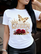 QUEEN Women's Queen Crown & Butterfly Rose T-Shirt - Lightweight Soft Round Neck Short Sleeve Top, Suitable for Outdoor & Indoor Wear, Birthday Gift, Casual Elegant Birthday Outfits, Machine Washable - Fashionable Tee - White