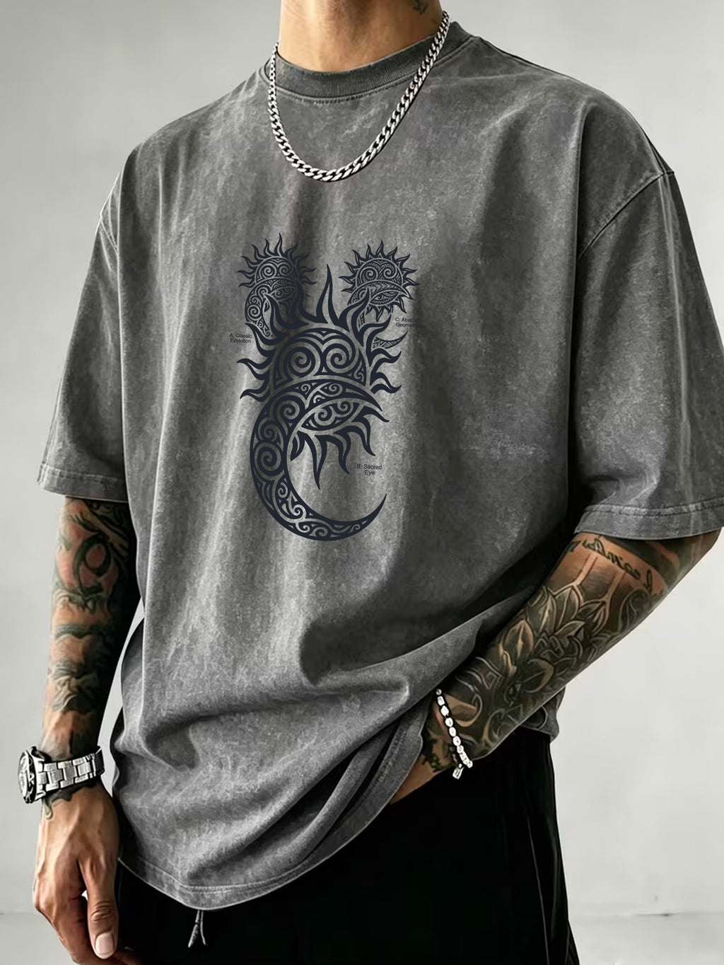 Washed Distressed Short Sleeve Loose Top, Tribal Totem Sun Vortex Trendy Print, Multi-Color Casual Matching, American Street Hip-Hop High Street Style, Daily Outing Commute Sports Fitness Couple Statement Versatile T-Shirt - Grey