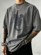 Washed Distressed Short Sleeve Loose Top, Tribal Totem Sun Vortex Trendy Print, Multi-Color Casual Matching, American Street Hip-Hop High Street Style, Daily Outing Commute Sports Fitness Couple Statement Versatile T-Shirt - Grey