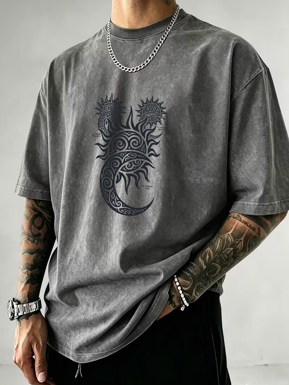 Washed Distressed Short Sleeve Loose Top, Tribal Totem Sun Vortex Trendy Print, Multi-Color Casual Matching, American Street Hip-Hop High Street Style, Daily Outing Commute Sports Fitness Couple Statement Versatile T-Shirt - Grey