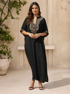 Elegant Black Dress for Women Golden V-Neck Batwing Sleeve Loose Fit Summer Beach Cover Up Traditional Middle Eastern Style Maxi Dress Q1653 - Black