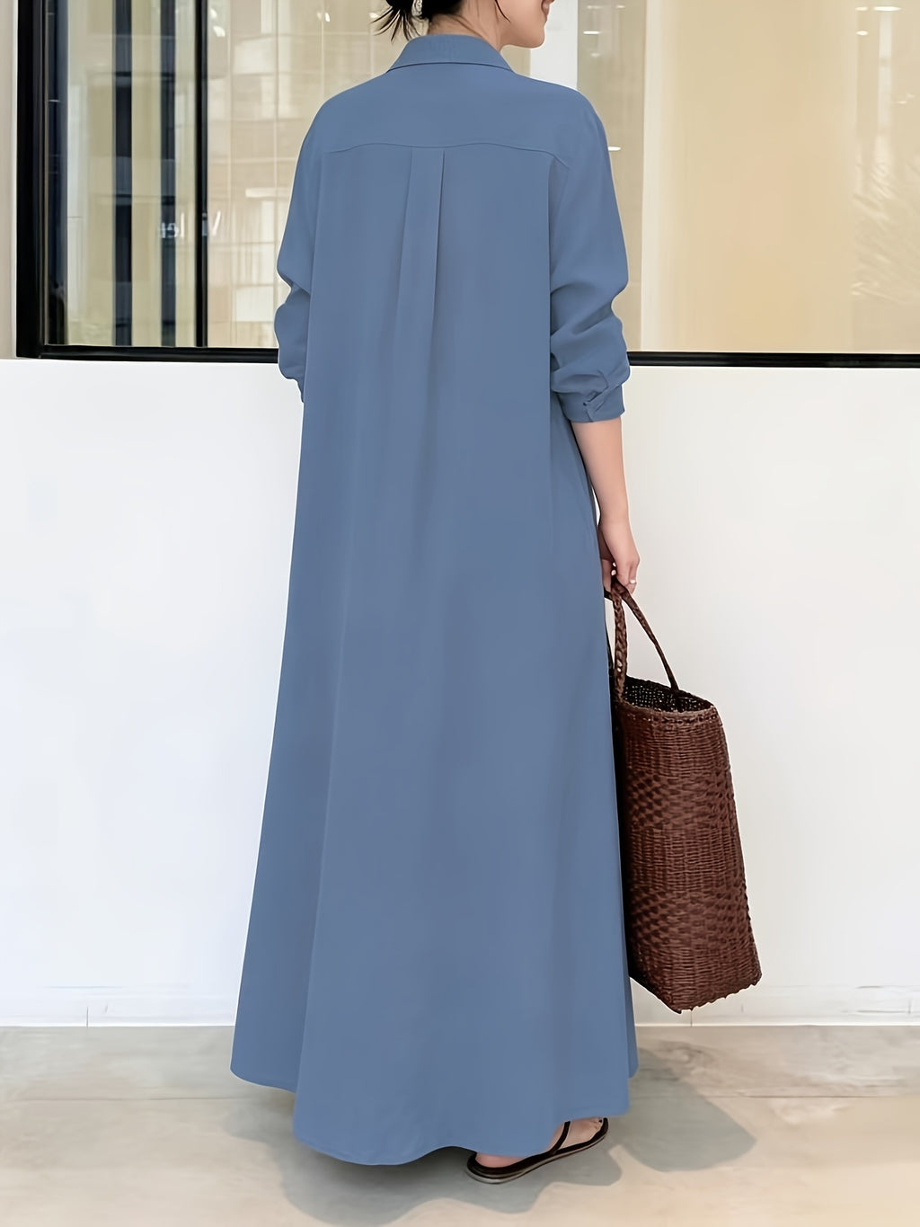 In Stock European And American New Solid Color Lapel Long Sleeve Pocket Easy Loose Casual Long Dress 1pc - Royal Blue