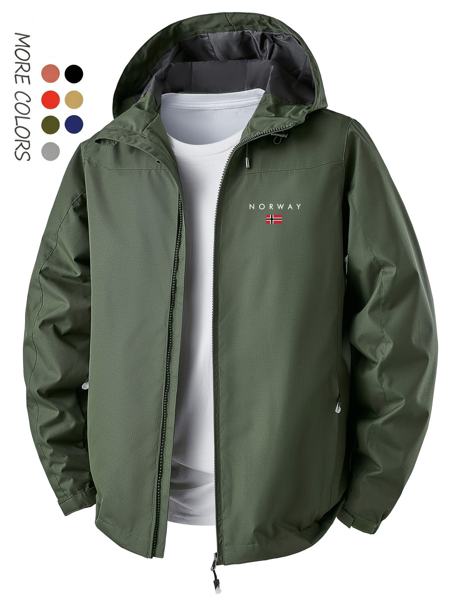 Norway Element Print Jacket Autumn Winter Men'S Outdoor Sports Mountaineering, Hiking Solid Color Jacket Hooded Easy Versatile Youth Fashion Thin Travel Casual Outerwear Men - fern green