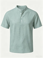 1pc Men'S Striped Short-Sleeve Henley Shirt, Lightweight Breathable Half-Button Casual Top, Linen Blend Regular Fit, Multi-Color Available, Suitable for Daily Wear, Travel, Vacation, And Home Leisure - Light Green