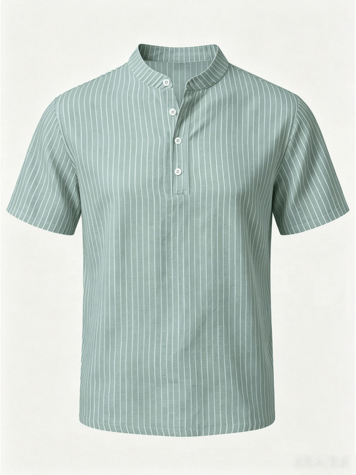 1pc Men'S Striped Short-Sleeve Henley Shirt, Lightweight Breathable Half-Button Casual Top, Linen Blend Regular Fit, Multi-Color Available, Suitable for Daily Wear, Travel, Vacation, And Home Leisure - Light Green