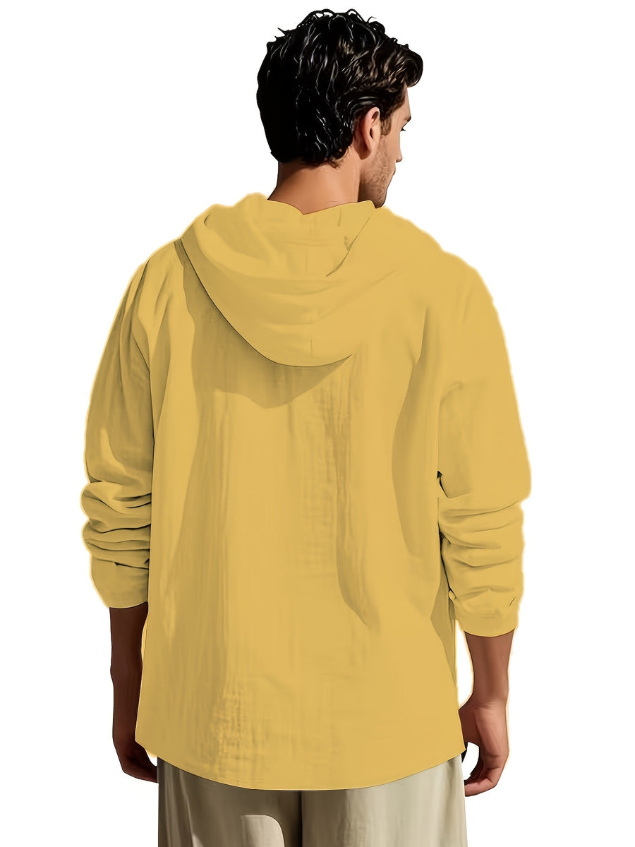 Spring/Autumn Men's Solid Color Half-Zip Hooded Long-Sleeve Single-pc Top, Simple and Comfortable Letter Print Shirt, Streetwear for Outings, Visiting, and Casual Wear - Yellow