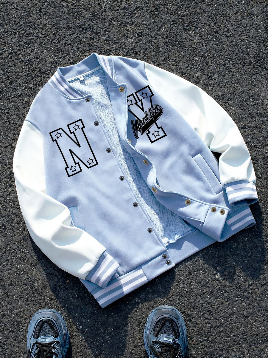 Black and Gray Color-block Baseball Jacket Featuring a "NY" Logo, a Classic Symbol of New York City Culture, Paired with Star Embellishments and the "Vandals" Text. "Vandals" Is Often Associated with Streetwear Style, Enhancing Individuality. - Blue & White