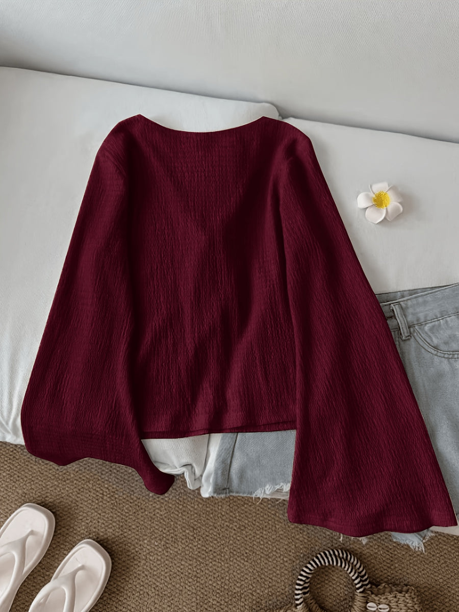 Solid Color Front-Tie Bow Open-Front Fashion Flared Sleeve Blouse New Women'S Short Top - Deep Red