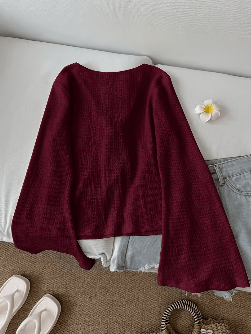 Solid Color Front-Tie Bow Open-Front Fashion Flared Sleeve Blouse New Women'S Short Top - Deep Red