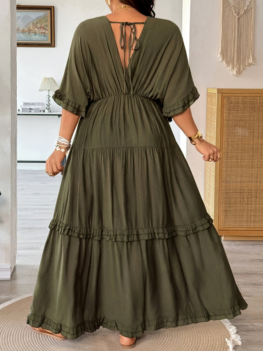 Plus Size, Plus Size French-Style Solid Color Romantic Ruffle Trim Regular Spring/Summer Dress - Olive Green