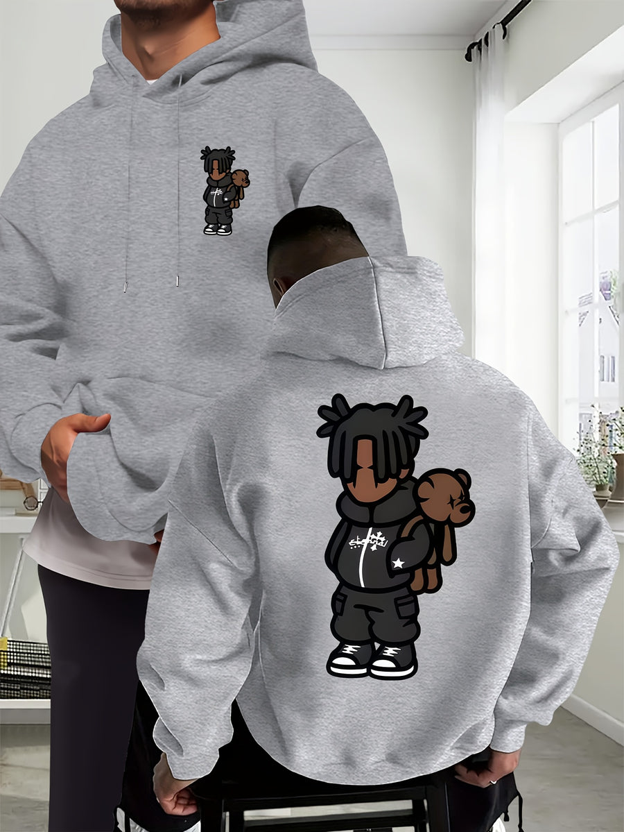 Cartoon Men's New Trendy Autumn Winter Hoodie, Casual Daily Drawstring Hooded Sweatshirt with Creative Design Print, Front Kangaroo Pocket, Unisex Top - Flecking Gray