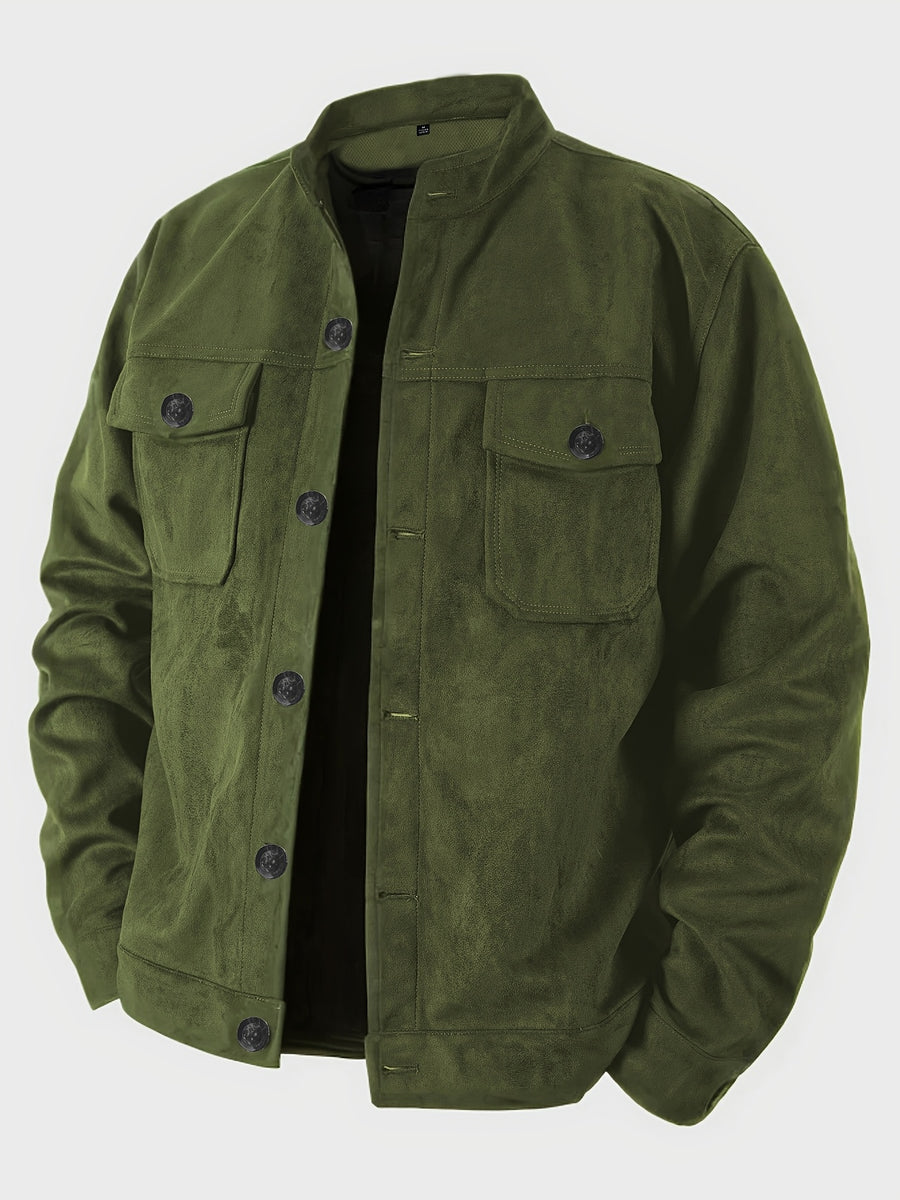 Men'S Casual Jacket with Pockets, Versatile Long-Sleeved Stand Collar Button Coat, Transitional Outerwear - fern green