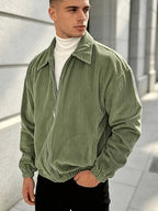 Men'S Solid Color Corduroy Jacket, Casual Versatile Stand-Up Collar Top, Autumn Winter New Fashion Men'S Clothing - Military Green