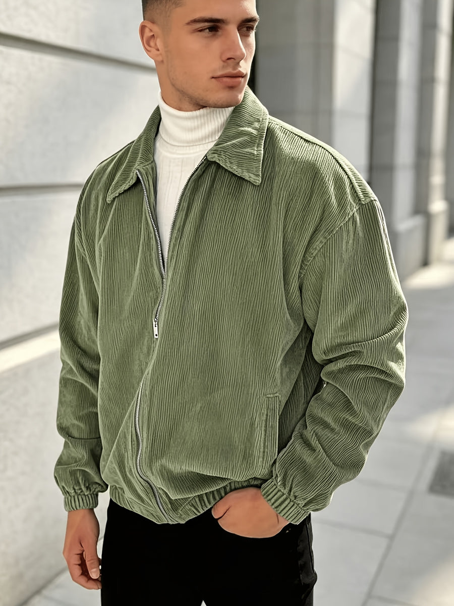Men'S Solid Color Corduroy Jacket, Casual Versatile Stand-Up Collar Top, Autumn Winter New Fashion Men'S Clothing - Military Green