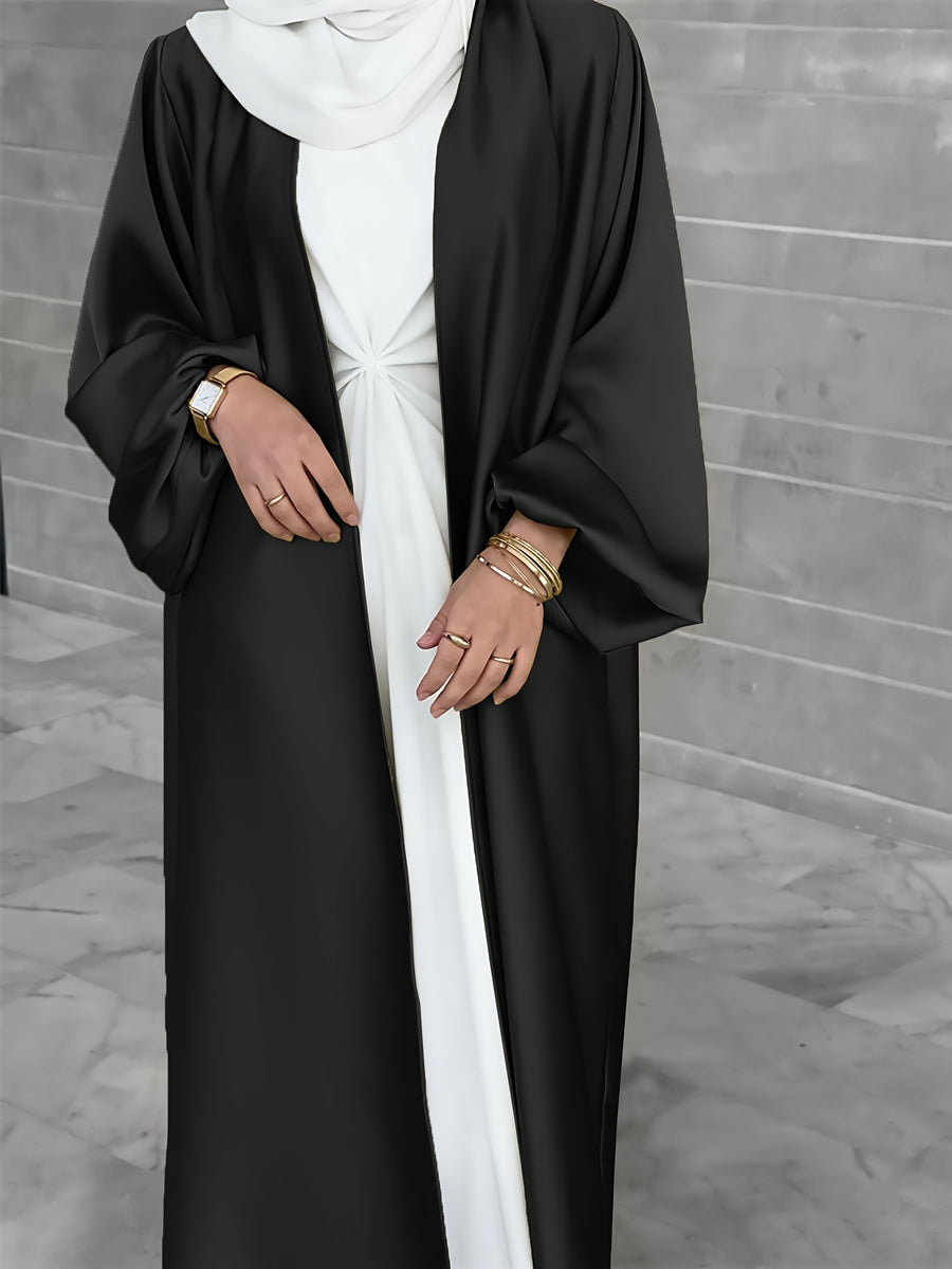 Cross-Border Muslim Women's Satin Bubble Sleeve Robe, Elegant Dubai Middle East Cardigan - Black