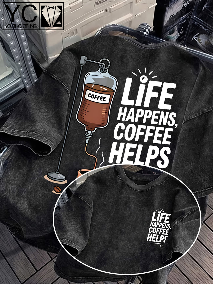 'LIFE HAPPENS COFFEE HELPS' Fun Text and Coffee Infusion Bag Creative Print Distressed Washed Texture Men's Short-Sleeve T-Shirt, Machine Washable - Short-Sleeve Washed Texture, Loose Fit Crew Neck Casual Shirt - Black