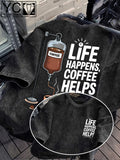 'LIFE HAPPENS COFFEE HELPS' Fun Text and Coffee Infusion Bag Creative Print  Distressed Washed Texture Men's Short-Sleeve T-Shirt, Machine Washable - Short-Sleeve Washed Texture, Loose Fit Crew Neck Casual Shirt - Black