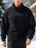 Men's Fashion Sweatshirt with Asymmetrical Collar, Fleece Top, Tactical Warm Jacket for Urban Sports, Fitness, Running, and Casual Attire - Black