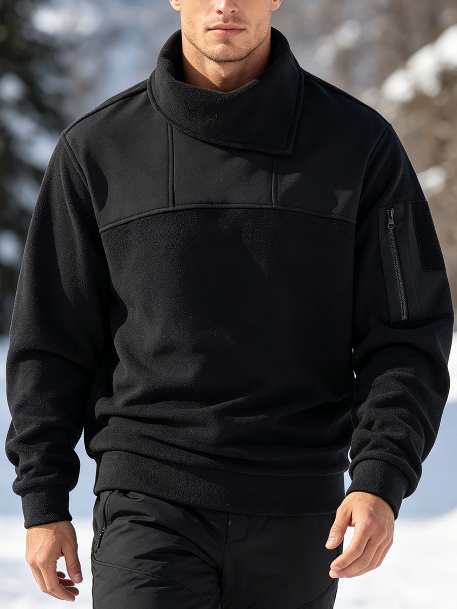 Men's Fashion Sweatshirt with Asymmetrical Collar, Fleece Top, Tactical Warm Jacket for Urban Sports, Fitness, Running, and Casual Attire - Black