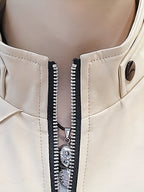 Men's Slim-Fit Stand Collar Jacket - Elegant Beige Polyester with Black Accents, Casual Business Style for Spring and Fall, Stylish Layering Piece | Zipper Closure Jacket | Tailored Fit - 10602 Badge - 888 Khaki