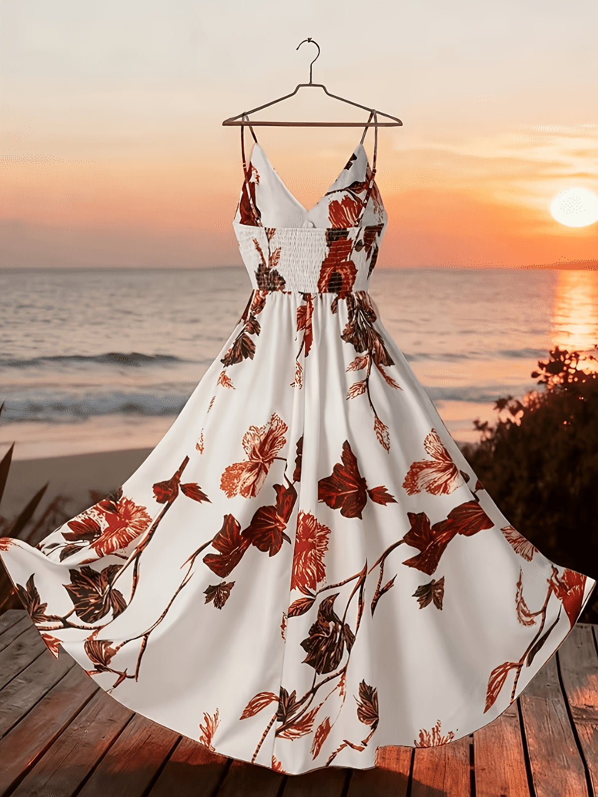 Women's New Summer Casual French-Style Romantic Floral Print Waist-Cinching A-Line Long Camisole Dress, Suitable for Beach, Cruise, City Break, Dating, Music Festival, and Other Occasions. Women's Camisole/Wrap/Front Chest Ruched Detail/Bust - Multicolor