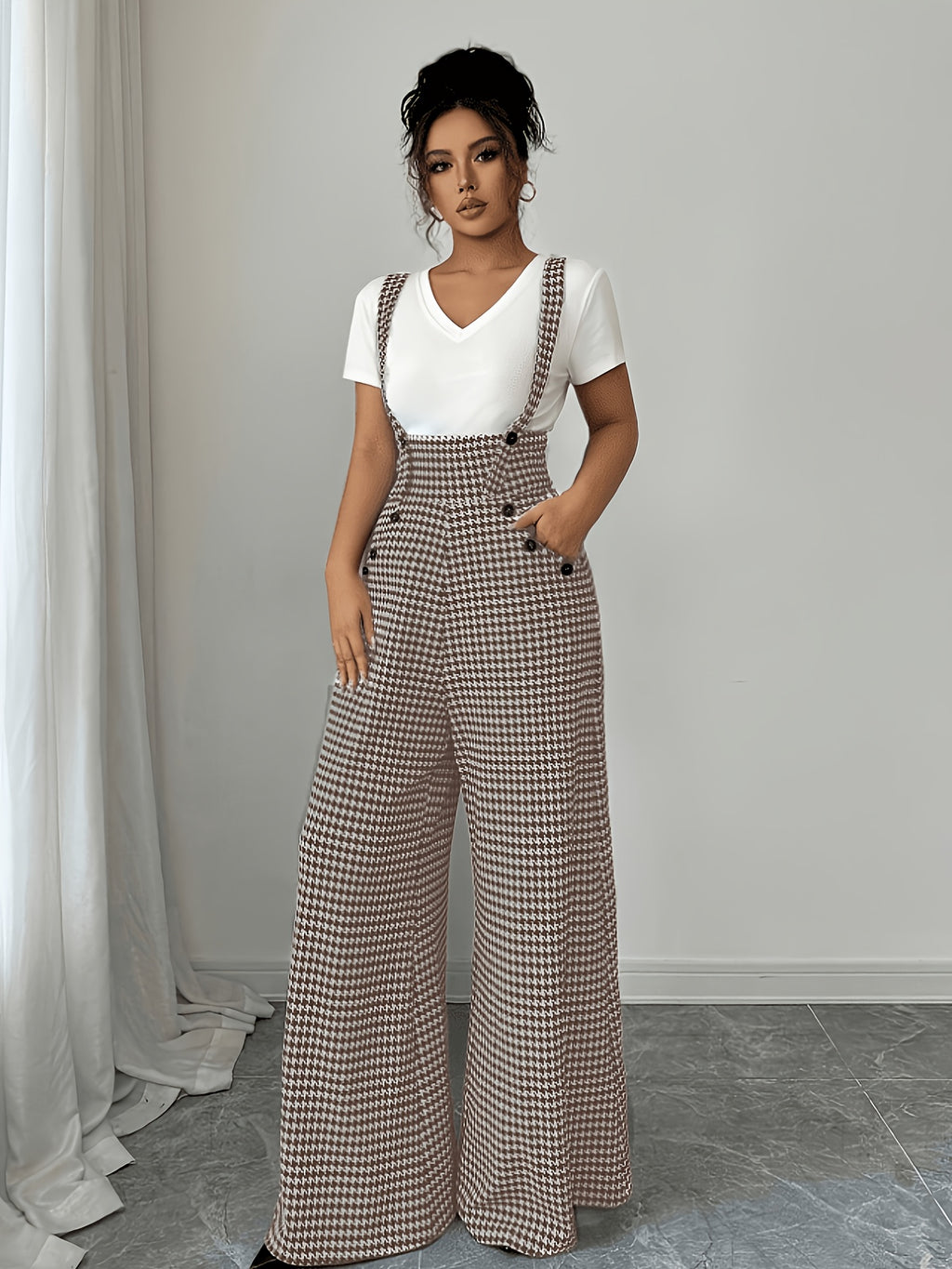 Elegant Women'S Houndstooth Camisole Straight Wide-Leg Suspender Pants, Retro Casual Overalls, All-Season Versatile for Fall And Winter - Khaki