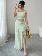 Elegant 2pcs Set for Women, Featuring a Strappy Crop Top and a Slit Maxi Skirt with Metallic Embellishments. The Slim-fit Design Is Perfect for High-end Occasions Such as Dates, Evening Parties, Gatherings, and Vacations - Light Green