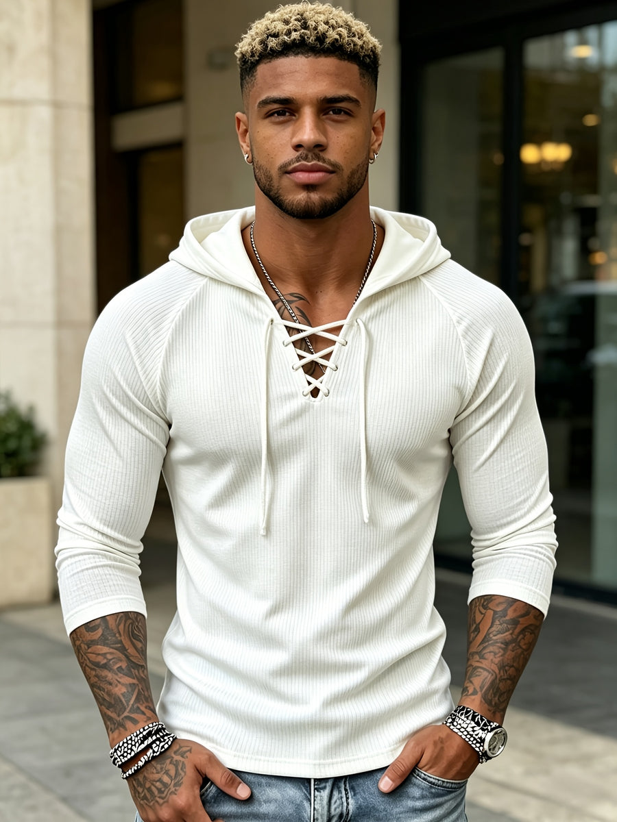 Joshmei OBM Vintage New York Street Style Men's White Textured Hooded Long-Sleeve T-Shirt with V-Neck and Cross-Strap Design, Niche Trendy Versatile Stretch Hoodie for Streetwear - White