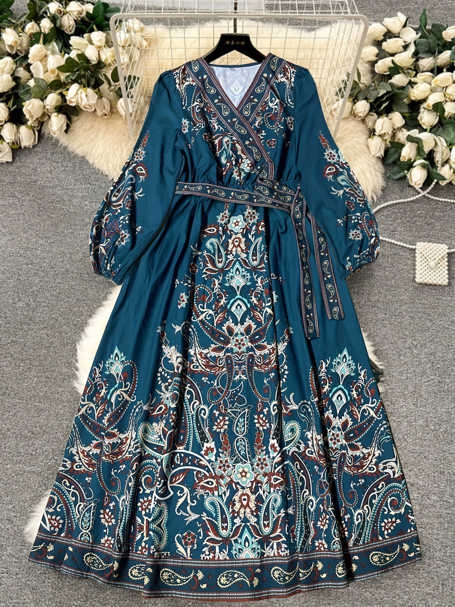 Middle Eastern Ethnic Print Elegant Dress, New Spring/Summer Long Sleeve V-Neck Tie-Up Temperament Dress, Summer Solstice 1 - Dark Green