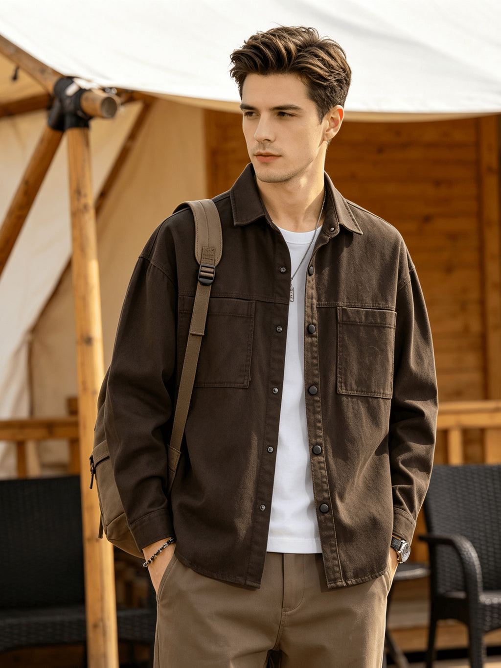 Men'S Cargo Long Sleeve Shirt, Pure Casual Blouse Loose Multi-Pocket Design Breathable Durable Fabric Street Outing Light Outdoor Camping Versatile Casual Top - Coffee