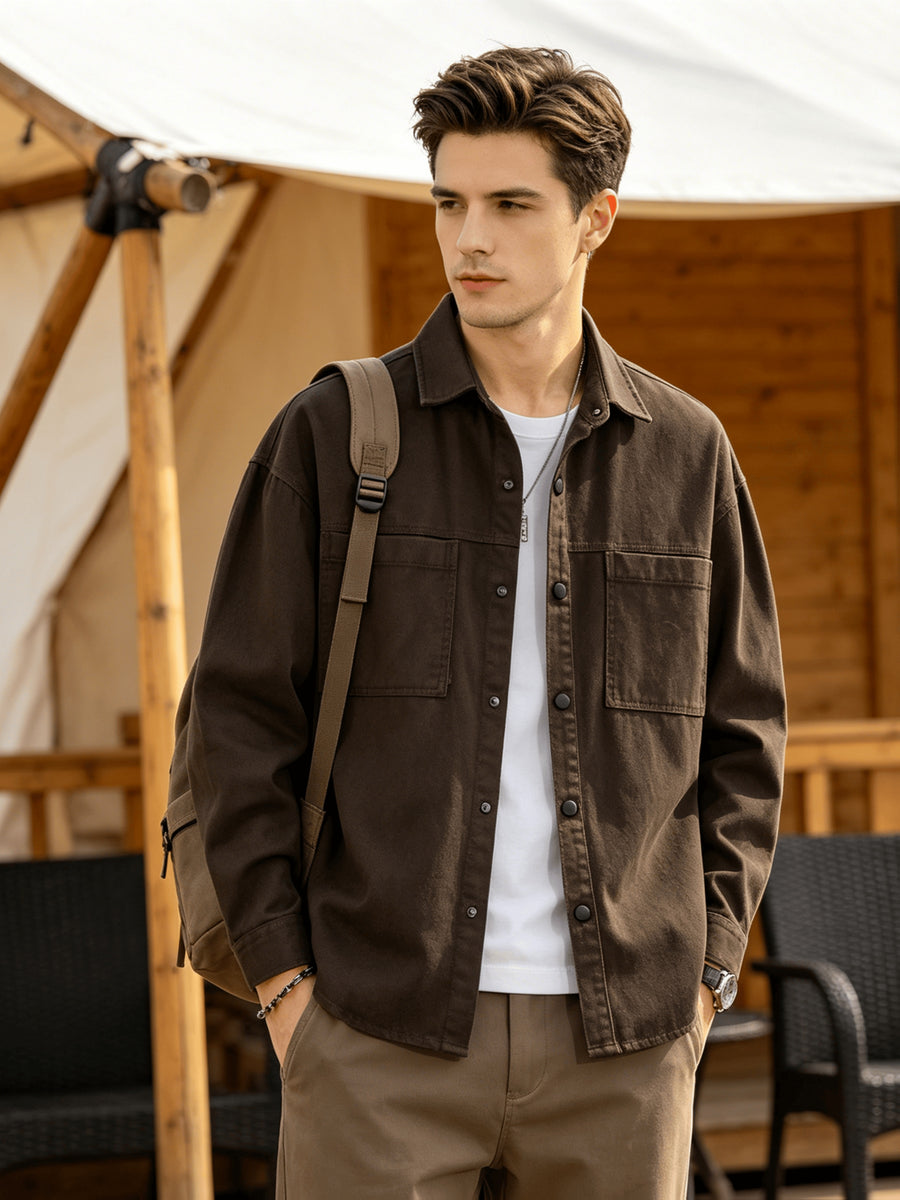 Men'S Cargo Long Sleeve Shirt, Pure Casual Blouse Loose Multi-Pocket Design Breathable Durable Fabric Street Outing Light Outdoor Camping Versatile Casual Top - Coffee