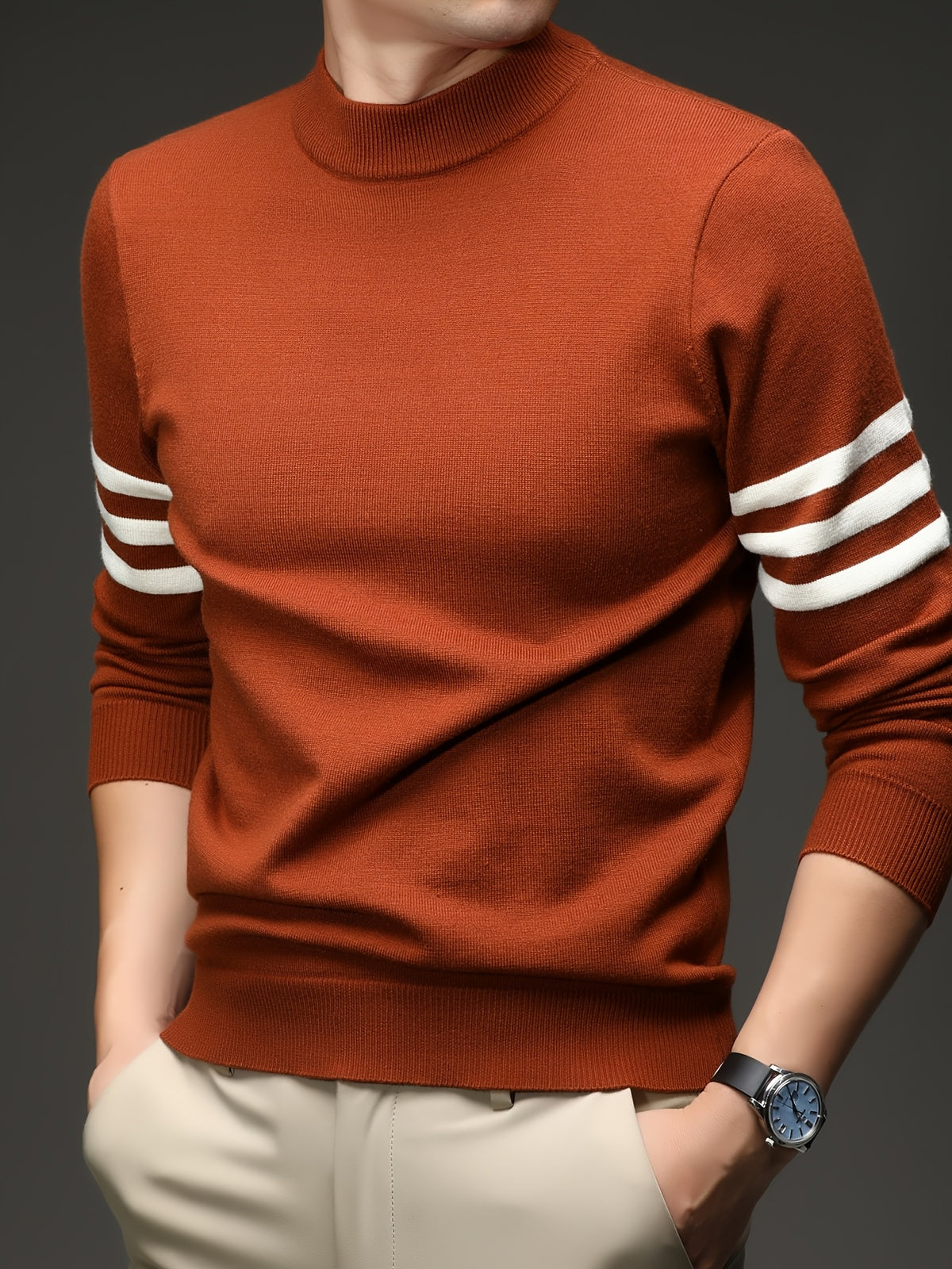 [Wading Whale OBM] 1pc Autumn Winter New Men'S Knit Pullover Sweater, Old Money Style Contrast Striped Round Neck Long Sleeve Knit Sweater for Men, Business Casual Fashion Striped Sweater, Suitable for Spring, Autumn, Winter Layering Or Inner Wear - Tangerine
