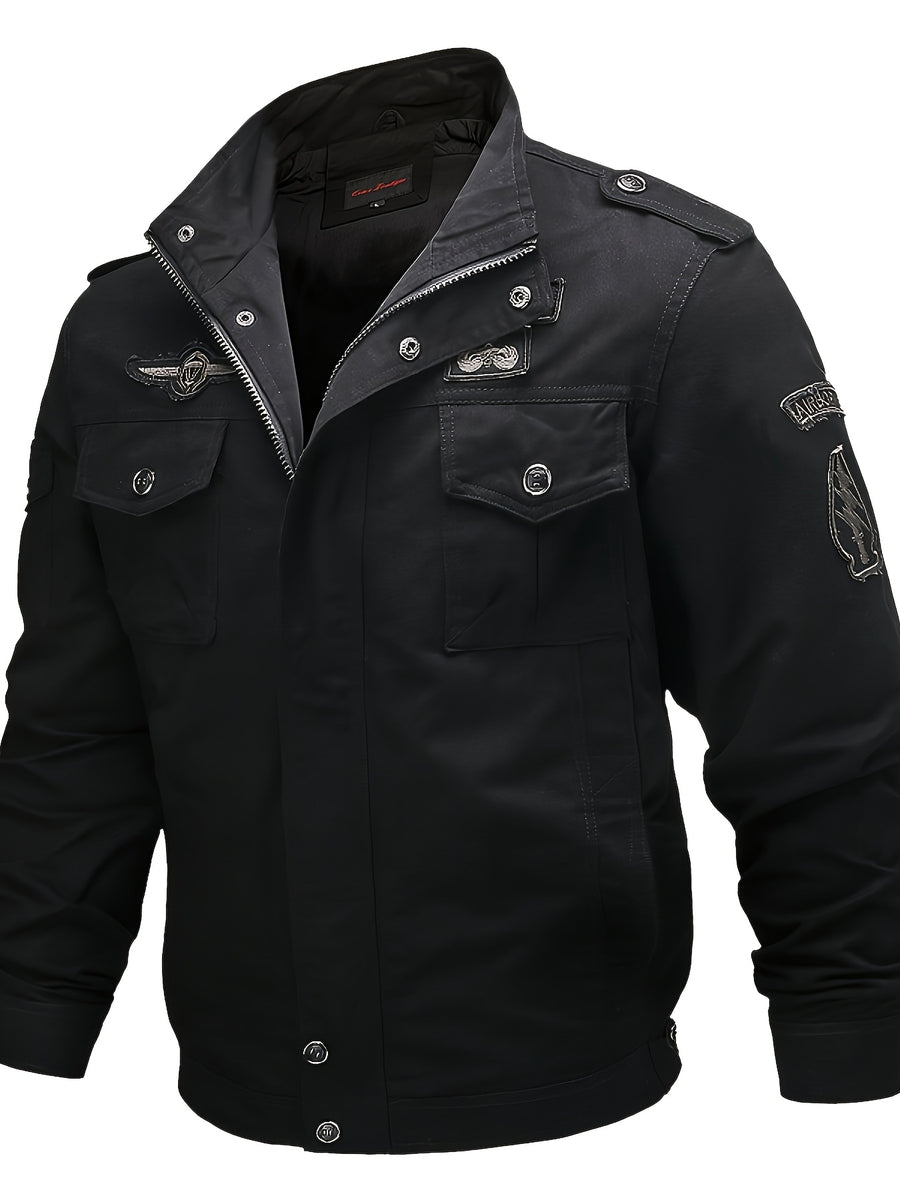 Men'S Vintage Cargo Bomber Jacket, Multi-Pocket Embroidered Stand Collar Autumn Winter Casual Coat - Black