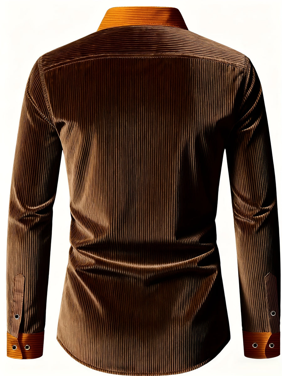 <Creative> Men's Long-Sleeve Spring/Autumn Formal Dress Shirt for Formal and Professional Wear, Patchwork Design, Two Solid Colors, Polyester, Suitable for All Seasons, Formal Long-Sleeve Button- Shirt - Coffee Color