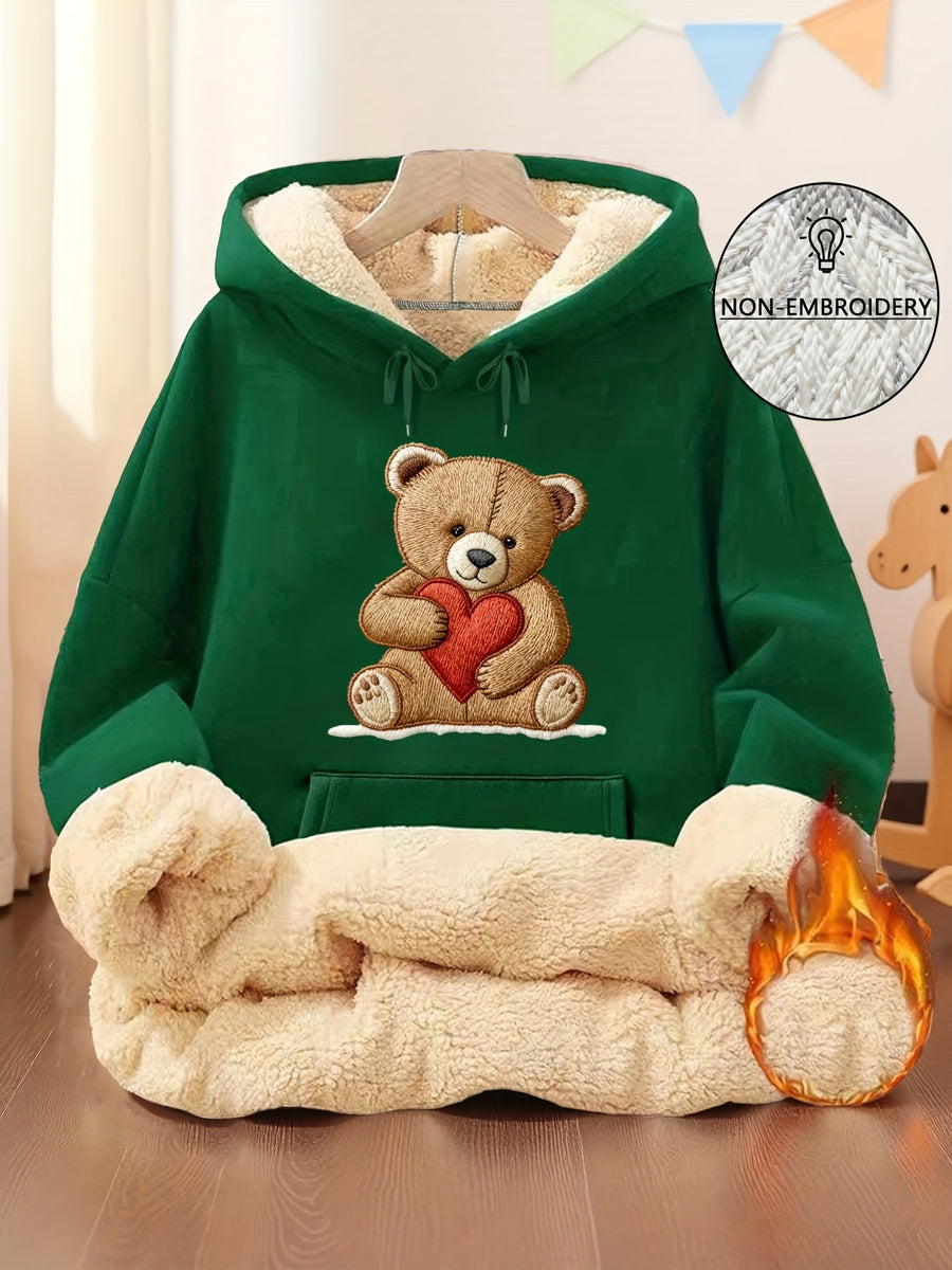 Women'S Home Wear Top [Imitation Print] Women'S Hot Style Heart Bear Print Sweatshirt, Fall Winter Fleece Hooded Warm Sweater, Suitable for Casual Home Wear Drawstring Hooded Sweatshirt - Green