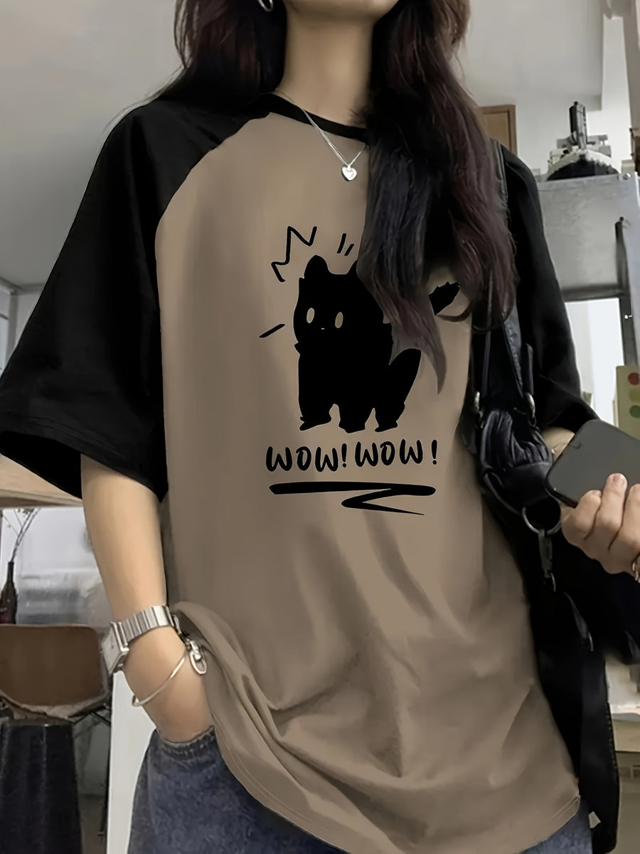 Comfortable And Stretchy T-Shirt, Casual Style, Fabric, Mid-Length Style, Suitable for All Seasons, Y2K Style Raglan Sleeve Round Neck Top with Cute Cat Pattern And Letter Print - Camel