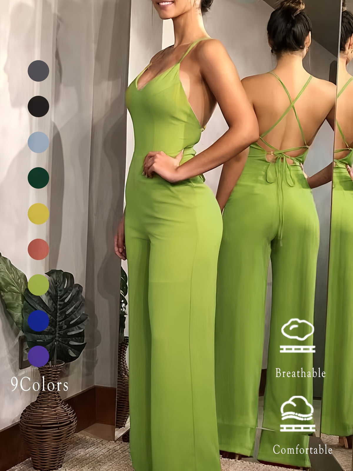 (Same Style on ) Women'S Suspender Jumpsuit Summer Fashion Sexy Backless Dress Women'S Outing Party Vacation Elegant Slim Fit Jumpsuit Long Pants Women'S Clothing - Yellow-green