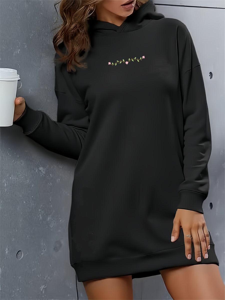Fashionable And Elegant Long Hoodie with a Versatile Minimalist Print for Commuting - Black