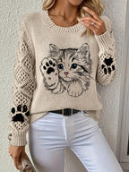 Vintage Cat Paw Print Hollow-Out Long Sleeve Round Neck Sweater, Casual Lazy Style Sweater Top. Non-shrink, Colorfast, Moderate Thickness Sweater. Suitable for All Seasons as Outerwear or Innerwear, Casual Outings, Home Office. Fashionable and - Khaki