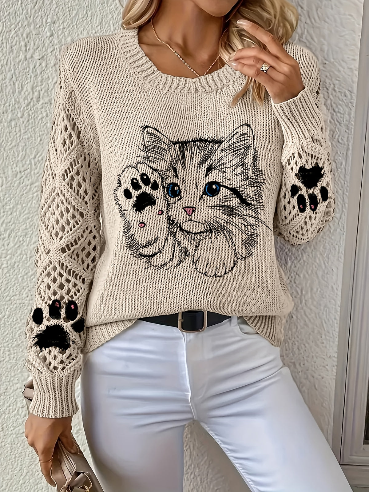 Vintage Cat Paw Print Hollow-Out Long Sleeve Round Neck Sweater, Casual Lazy Style Sweater Top. Non-shrink, Colorfast, Moderate Thickness Sweater. Suitable for All Seasons as Outerwear or Innerwear, Casual Outings, Home Office. Fashionable and - Khaki