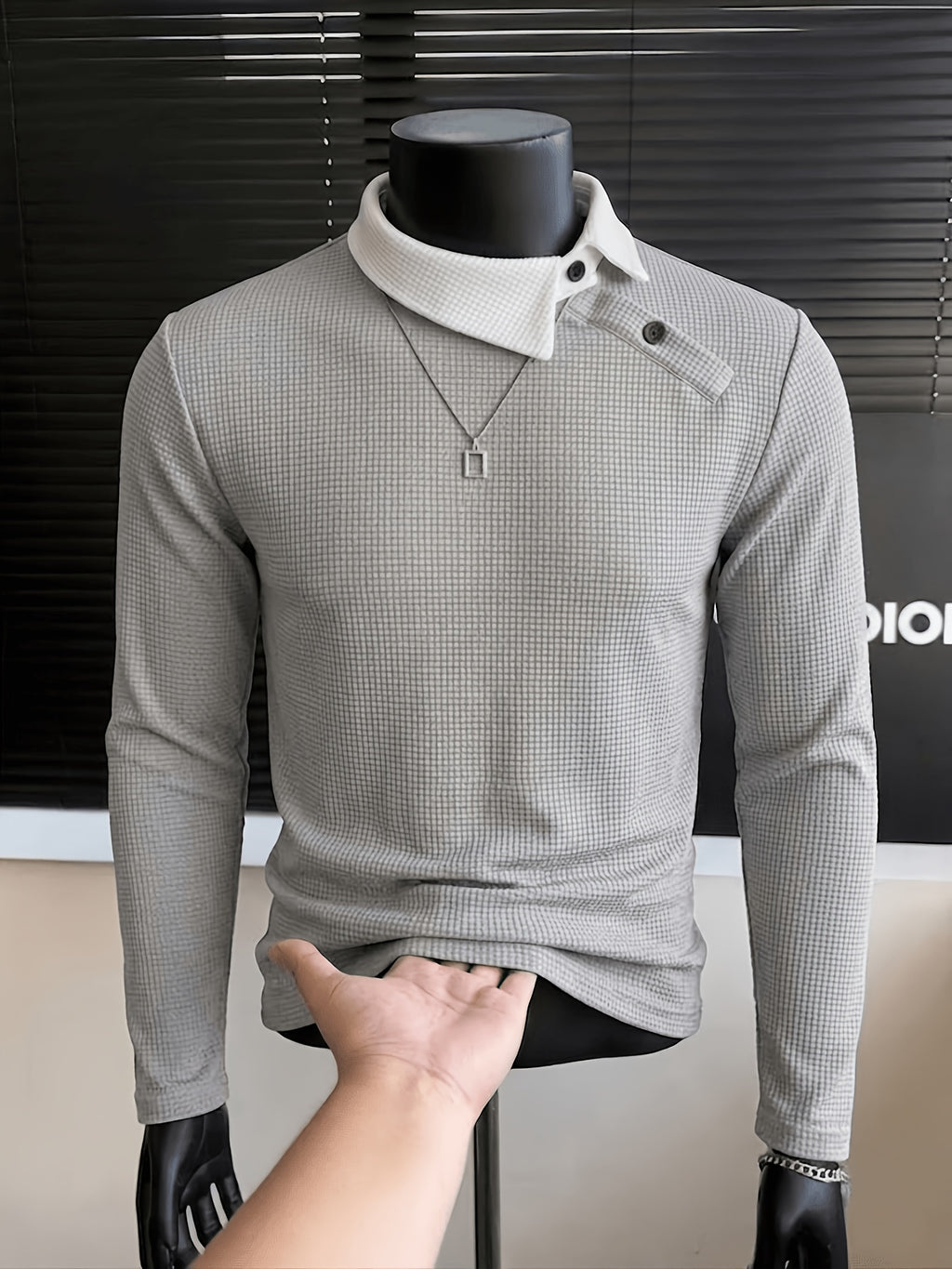 Men's Side-Button Collar Irregular Lapel Knit Long-Sleeve T-Shirt, Contrast-Color Lapel, Slim Fit, High-End Light Business Casual Top - Grey