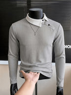 Men's Side-Button Collar Irregular Lapel Knit Long-Sleeve T-Shirt, Contrast-Color Lapel, Slim Fit, High-End Light Business Casual Top - Grey
