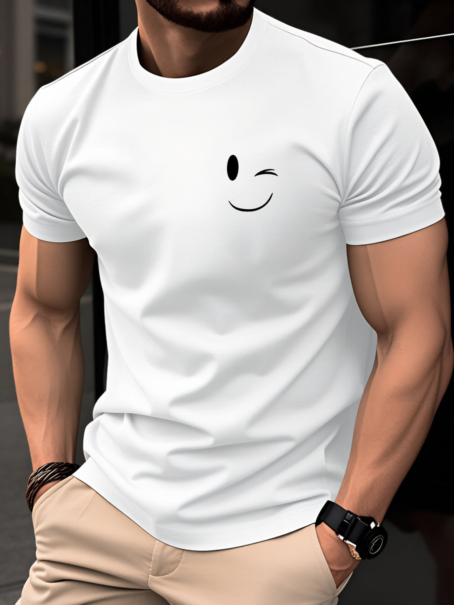 100% Cotton Men's T-Shirt, Summer Short Sleeve Thin Top, Trendy Fashion Slim Fit Youth Daily Casual Versatile 2026 New Year Holiday Outfit, Simple Line Joyful Face Pattern with Playful Winking Expression Design for Added Fun - White